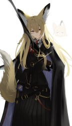 1girl absurdres arknights black_cape black_jacket black_skirt black_vest blonde_hair brown_gloves buttons cape chibi chibi_inset closed_mouth collared_shirt commentary_request facial_scar gloves hachimin8_(shrine_kyo) hair_between_eyes highres holding holding_sword holding_weapon jacket long_hair long_sleeves multicolored_hair necktie o-ring pleated_skirt red_necktie scar scar_on_cheek scar_on_face shirt simple_background skirt smile solo standing streaked_hair sword tail tail_raised vest vulpisfoglia_(arknights) weapon white_background white_hair white_shirt white_tail yellow_eyes yellow_tail