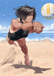 1girl absurdres ball barefoot beach black_hair black_leotard breasts brown_eyes cloud cloudy_sky commentary dark-skinned_female dark_skin day english_commentary full_body harrywang37 highres jumping leotard ocean original outdoors shadow short_hair sky solo tan tanline toned toned_female volleyball volleyball_(object)