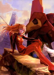1girl absurdres ask_(askzy) bird blue_eyes building cloud highres long_hair neon_genesis_evangelion orange_hair sitting sky smile souryuu_asuka_langley