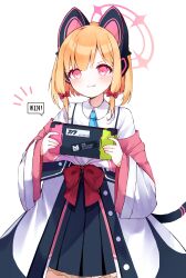 1girl :q absurdres animal_ear_headphones animal_ears black_jacket black_skirt black_tail blonde_hair blue_archive blue_necktie blush bow buttons cat_ear_headphones cat_ears cat_tail collared_shirt commentary_request cowboy_shot english_text fake_animal_ears fake_tail frilled_skirt frills hair_bow halo handheld_game_console headphones highres holding holding_handheld_game_console jacket long_sleeves low-tied_sidelocks momoi_(blue_archive) multicolored_jacket necktie nirako_mona off_shoulder pink_eyes pink_halo pink_jacket playing_games pleated_skirt red_bow school_uniform shirt short_hair sidelocks simple_background skirt smile solo tail tongue tongue_out unbuttoned unbuttoned_jacket v-shaped_eyebrows white_background white_jacket wide_sleeves