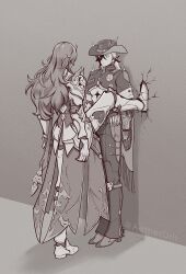 2boys aetheroris against_wall argenti_(honkai:_star_rail) armor armored_gloves artist_name back belt boothill_(honkai:_star_rail) bullet_earrings cape closed_mouth commentary cowboy_hat cuisses cyborg earrings english_commentary full_body greyscale hair_over_one_eye hat hat_feather hat_ornament highres honkai:_star_rail honkai_(series) jacket jewelry knight leg_up locker_foot_kabedon_(meme) long_hair long_sleeves looking_at_another male_focus mechanical_arms mechanical_hands meme monochrome multicolored_hair multiple_boys pants shadow shell_casing sheriff_badge shoes shoulder_armor standing standing_on_one_leg star_(symbol) two-tone_hair yaoi zipper