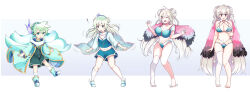 ! 1boy 1girl age_progression ahoge asymmetrical_legwear azur_lane bikini blue_bikini braid breasts cape child commentary dragalia_lost formidable_(azur_lane) formidable_(the_lady_of_the_beach)_(azur_lane) genderswap genderswap_(mtf) green_eyes green_hair grey_hair hand_on_own_chest highres large_breasts long_hair lowen_(dragalia_lost) mismatched_legwear navel one_eye_closed open_mouth red_eyes sequential shoes surprised swimsuit transformation transforming_clothes twintails unmeiyuu very_long_hair