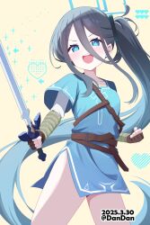 1girl absurdres alternate_costume alternate_hairstyle aris_(blue_archive) belt black_hair blue_archive blue_dress blue_eyes brown_gloves champion&#039;s_tunic_(zelda) cosplay dandan_(uaee4742) dress fingerless_gloves gloves hair_between_eyes highres holding holding_sword holding_weapon link link_(cosplay) long_hair looking_at_viewer master_sword nintendo one_side_up open_mouth sidelocks simple_background solo sword teeth the_legend_of_zelda the_legend_of_zelda:_breath_of_the_wild twintails upper_teeth_only very_long_hair weapon