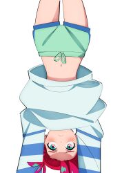 amate_yuzuriha bad_link green_shorts gundam gundam_gquuuuuux highres navel official_alternate_costume red_hair sakura_1110ssmm short_shorts shorts tagme thighs upside-down