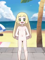 1girl :d aged_down arms_behind_back bar_censor beach_towel blonde_hair censored chiwino cloud collarbone commentary_request completely_nude day flat_chest gen_7_pokemon green_eyes happy highres knees large_variant_set lillie_(pokemon) loli long_hair looking_at_viewer navel nintendo nipples nude open_mouth outdoors palm_tree pokemon pokemon_(anime) pokemon_(creature) pokemon_sm_(anime) pussy pyukumuku sand shore sky smile standing towel tree variant_set water