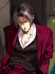 absurdres ace_attorney formal_clothes grey_hair highres i3lackswan jacket male_focus miles_edgeworth pants red_jacket red_pants red_suit shirt short_hair suit vest white_shirt