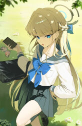 1girl absurdres apron asuna_(blue_archive) black_dress black_shoes black_skirt black_socks blonde_hair blue_archive blue_bow blue_hair blue_sailor_collar bow cellphone dan_nako dress hair_bow hairband highres holding holding_phone long_hair looking_at_viewer maid_apron maid_headdress neru_(blue_archive) official_alternate_costume official_alternate_hairstyle open_mouth phone red_eyes red_hair sailor_collar shirt shoes skirt smartphone socks solo toki_(blue_archive) toki_(school_uniform)_(blue_archive) toy white_apron white_hairband white_shirt
