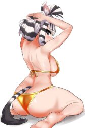 1girl animal_ears animal_print ass black_hair blush breasts butt_crack chapman&#039;s_zebra_(kemono_friends) extra_ears golden_week golden_week_bikini kemono_friends kneeling large_breasts looking_at_viewer multicolored_hair negi_e_mon solo striped_hair tail two-tone_hair white_hair zebra_ears zebra_girl zebra_print zebra_tail