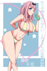 1girl absurdres arm_behind_back bikini black_bow blue_eyes blunt_bangs bow breasts cleavage commentary drinking drinking_straw feet_out_of_frame front-tie_bikini_top front-tie_top fujiwara_chika hair_bow highres kaguya-sama_wa_kokurasetai_~tensai-tachi_no_renai_zunousen~ kowatsu_no_break large_breasts leaning_forward long_hair looking_at_viewer pink_hair solo star_(symbol) star_symbol_background striped_bikini striped_clothes swimsuit thighs translation_request yellow_bikini