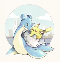 :3 gen_1_pokemon highres horns ii_ebidashi lapras light_smile looking_at_another mouse_(animal) nintendo ocean pikachu pointy_ears pokemon sea_creature shell single_horn yellow_fur