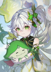 1girl 1other absurdres aranara_(genshin_impact) balloon closed_eyes closed_mouth cross-shaped_pupils dress genshin_impact gradient_hair green_eyes green_hair hair_between_eyes hair_ornament hand_on_another&#039;s_head highres hug leaf_hair_ornament light_blush long_hair looking_at_viewer multicolored_hair nahida_(genshin_impact) no_ying_sakura pointy_ears short_sleeves sleeveless sleeveless_dress smile star_balloon symbol-shaped_pupils white_hair
