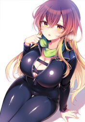 Rule 34 | 1girl, biker clothes, bikesuit, black bodysuit, blonde hair, blush, bodysuit, breasts, cleavage, commentary request, cowboy shot, crossed bangs, gradient hair, green scarf, hair between eyes, highres, hijiri byakuren, large breasts, long hair, long sleeves, looking at viewer, multicolored hair, open mouth, purple hair, scarf, simple background, sitting, solo, sweat, tama (soon32281), touhou, turbo byakuren, white background, yellow eyes