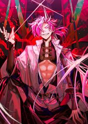 Rule 34 | 1boy, abs, armor, belt, black pants, clothing request, cowboy shot, diffraction spikes, endo (takolegs), fate/grand order, fate (series), floating hair, game cg, glowing, glowing eyes, grin, hair over one eye, hand on lap, hand up, high collar, jacket, japanese armor, katana, kote, kurokote, long hair, long sleeves, looking at viewer, male focus, mecha, multicolored hair, official art, one eye covered, open clothes, open jacket, pants, red eyes, red hair, red theme, robot, sheath, sheathed, sitting, smile, solo, streaked hair, sword, takasugi shinsaku (fate), teeth, third-party source, unbuttoned, very long hair, weapon, wide sleeves