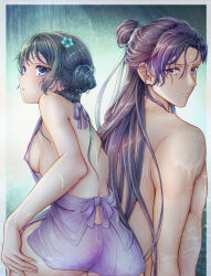 Rule 34 | 1boy, 1girl, absurdres, apron, ass, blue eyes, border, breasts, commander kei, covered erect nipples, eyes visible through hair, fingernails, green background, green hair, hand on own ass, highres, jinshi (kusuriya no hitorigoto), kusuriya no hitorigoto, long hair, looking at viewer, maomao (kusuriya no hitorigoto), muscular, muscular male, naked apron, outside border, pink apron, purple eyes, purple hair, pussy, small breasts, standing, white background, white border