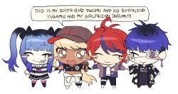 Rule 34 | 2boys, 2girls, ahoge, amemiya darumi, babykatafan, bisexual female, bisexual male, black hair, blonde hair, blue hair, bridge piercing, brown eyes, chibi, chibi only, closed eyes, english text, face piercing, full body, hetero, highres, holding hands, japanese clothes, kawana tsubasa, lip piercing, long hair, looking at viewer, makeup, messy hair, multicolored hair, multiple boys, multiple girls, navel, omokage yugamu, open mouth, piercing, red hair, shirt, smile, speech bubble, standing, striped clothes, striped shirt, sumino takumi, the hundred line -last defense academy-, twintails, white background, yaoi, yuri