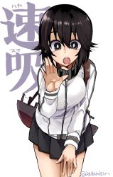 1girl ayutamisin black_hair black_skirt breasts character_name hair_between_eyes hayasui_(kancolle) jacket kantai_collection long_sleeves looking_at_viewer medium_hair miniskirt open_mouth pleated_skirt rigging simple_background skirt solo twitter_username white_background white_jacket zipper_pull_tab