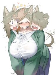 animal_ears blush brown_hair cerberus collarbone conjoined dog_ears dog_girl highres long_hair long_sleeves maikamiaka multiple_girls multiple_heads open_mouth original petting sharp_teeth shirt short_hair simple_background skirt tail teeth white_background