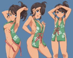 1girl armpits arms_up blue_background blue_eyes breasts brown_hair cleavage convenient_censoring female_focus functionally_nude gluteal_fold highres izuna_masaru japanese_clothes juliana_(pokemon) long_hair looking_at_viewer multiple_views nintendo no_bra no_panties pokemon pokemon_sv ponytail red_ribbon ribbon small_breasts solo tan thigh_gap