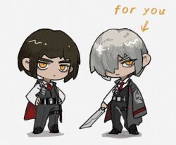 2girls alternate_universe black_coat black_pants black_vest brown_hair chibi closed_mouth coat coat_on_shoulders collared_shirt dongbaek_(project_moon) dual_persona flaw_eight limbus_company long_sleeves looking_at_viewer multiple_girls necktie pants project_moon red_necktie shirt short_hair simple_background vest white_background white_hair white_shirt yellow_eyes