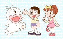 1960s_(style) 1girl 2boys brown_hair dress hair_ribbon kagechiyo2011 koizumi_yoshiko multiple_boys obake_no_q-tarou ouhara_shouta q-tarou ribbon shorts smile waving wink