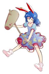 1girl alphes_(style) animal_ears bloomers blue_hair commentary_request dairi dress earclip full_body holding kine large_variant_set long_hair mallet parody puffy_short_sleeves puffy_sleeves rabbit_ears seiran_(touhou) short_dress short_sleeves socks solo style_parody tachi-e touhou transparent_background underwear variant_set
