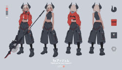 1girl arms_at_sides black_shorts blonde_hair color_guide commission cropped_jacket dark-skinned_female dark_skin demon_girl demon_horns english_text flat_chest flat_chest_grab from_behind full_body highres holding holding_polearm holding_weapon horns jacket midriff multiple_views navel orange_jacket original pointy_ears polearm red_eyes short_hair shorts skeb_commission standing weapon zenmaibook