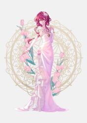 1girl alternate_costume bare_shoulders bracelet breasts collarbone commentary_request dress elbow_gloves fingerless_gloves flower full_body gem gloves hair_between_eyes hair_flower hair_ornament hand_up highres honkai:_star_rail honkai_(series) jewelry kafka_(honkai:_star_rail) long_hair looking_at_viewer medium_breasts parted_lips pink_flower purple_eyes purple_gemstone purple_hair solo standing strapless strapless_dress very_long_hair wedding_dress white_background white_dress white_gloves yuchu_zyj19980429