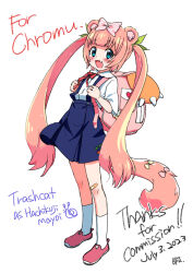 1girl absurdres animal_ears backpack bag bandaid bandaid_on_knee bandaid_on_leg blue_eyes blush bow chromu commission cosplay dress english_text fang full_body hachikuji_mayoi hachikuji_mayoi_(cosplay) hair_bow highres indie_virtual_youtuber long_hair long_twintails looking_at_viewer open_mouth pink_hair shoes simple_background smile socks solo tail tail_bow tail_ornament twintails very_long_hair virtual_youtuber white_background