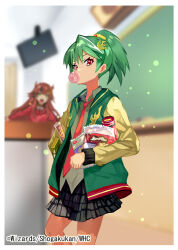 Rule 34 | 2girls, bag of chips, black skirt, blowing bubble gum, blurry, blurry background, border, brown hair, chalkboard, chewing gum, chifuin gyai, classroom, copyright notice, dragon musume ni naritakunai!, duel masters, food, green hair, green jacket, hair ornament, hairclip, high ponytail, holding, holding food, hood, hoodie, ichimaru kisuke, indoors, jacket, long sleeves, maguma mega, multicolored jacket, multiple girls, necktie, official art, open clothes, open jacket, orange eyes, outline, plaid clothes, plaid skirt, pleated skirt, ponytail, print jacket, red eyes, red hoodie, red necktie, shirt, skirt, white border