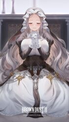 1girl black_corset blush breasts brown_dust_(series) brown_dust_2 commentary commentary_request corset dress gloves grey_hair hands_up highres huge_breasts interlocked_fingers juliet_sleeves long_hair long_sleeves looking_at_viewer michaela_(brown_dust) nun official_art own_hands_clasped own_hands_together puffy_sleeves red_eyes ruhee sitting smile solo very_long_hair white_dress white_gloves