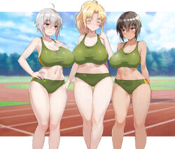 3girls ahoge black_hair blonde_hair blue_eyes blue_sky blush breasts brown_eyes buruma closed_eyes cloud commentary_request day green_buruma green_sports_bra grey_hair knees large_breasts looking_at_another midriff multiple_girls nakamura_yukitoshi navel original outdoors ponytail running_track short_hair sky sports_bra standing stomach thick_thighs thighs variant_set