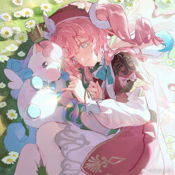 1girl aqua_eyes aqua_hair capelet closed_mouth dress drill_hair gradient_hair honkai:_star_rail honkai_(series) hyacine_(honkai:_star_rail) little_ica_(honkai:_star_rail) long_sleeves looking_at_viewer lying medium_hair multicolored_hair outdoors pantyhose pink_capelet pink_dress pink_hair smile twin_drills twintails white_pantyhose ye_xing_caomei