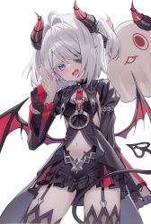 1girl absurdres ahoge black_dress black_survival blue_eyes brown_thighhighs center_opening clothing_cutout colored_eyelashes cowboy_shot demon_girl demon_horns demon_tail demon_wings dress eternal_return:_black_survival eyepatch fang frilled_dress frills garter_straps hair_intakes hand_up highres horns kerno long_sleeves medium_hair navel open_mouth side_cutout simple_background sissela_kyle smile solo tail tailcoat thighhighs two_side_up white_background white_eyelashes white_hair wilson_(black_survival) wings
