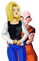 1boy 1girl android_18 bald bald_male black_eyes blonde_hair blue_eyes couple dragon_ball happy hug husband_and_wife kuririn muscular muscular_male smile white_background