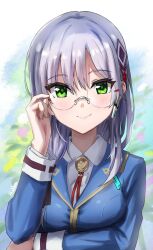 absurdres blue_jacket blush breasts glasses green_eyes grey_hair hair_ornament hair_over_shoulder heaven_burns_red highres izumi_yuki_(heaven_burns_red) jacket long_hair long_sleeves low-tied_long_hair mok_kan round_eyewear shirt white_shirt