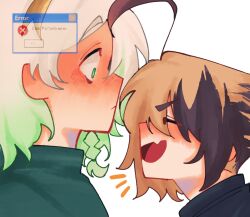 2girls ahoge black_shirt blush braid brown_hair cecilia_immergreen closed_mouth commentary embarrassed english_commentary error_message fang gigi_murin gradient_hair green_hair green_sweater highres hololive hololive_english kemi_palitogay multicolored_hair multiple_girls open_mouth shirt side_braid simple_background skin_fang smile streaked_hair sweater turtleneck turtleneck_sweater virtual_youtuber white_background white_hair yuri
