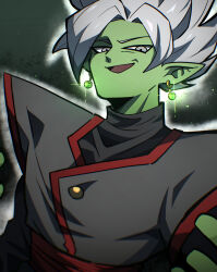 1boy black_bodysuit bodysuit colored_skin dragon_ball dragon_ball_super earrings fused_zamasu green_skin grey_eyes himazin100 jewelry long_sleeves looking_at_viewer looking_down open_mouth pointy_ears potara_earrings red_sash sash smile solo spiked_hair white_hair