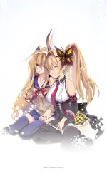 2girls animal_ears black_thighhighs blonde_hair blue_eyes blue_thighhighs breasts butterfly_hair_ornament corset emil_chronicle_online hair_ornament highres kyoro_(cothurnus) long_hair medium_breasts miniskirt multiple_girls necktie rabbit_ears reclining red_necktie school_uniform sitting skirt spider_web_design tarantula_alma thighhighs two_side_up yuri