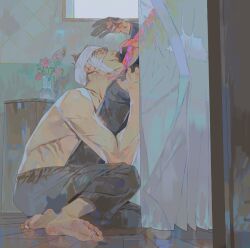 2boys bandaged_head bandages barefoot black_hair black_pants blood chest_of_drawers curtains feet flower gloves indoors kneeling looking_at_viewer looking_up male_focus mgong520 multiple_boys on_floor original pants short_hair sitting smile soles solo_focus toes topless_male vase window wooden_floor yaoi