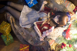Rule 34 | 1girl, ball jointed doll, christmas present, christmas tree, couch, doll, dress, female focus, gift, grey dress, highres, pantyhose, solo, wrapping paper
