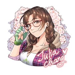 1girl adjusting_eyewear braid breasts brown_eyes brown_hair character_name cleavage collarbone commentary english_commentary fingerless_gloves floral_background glasses gloves green_gloves hanny_(uirusu_chan) head_tilt highres hood hood_down hoodie julia_chang light_smile medium_breasts medium_hair plaid_clothes plaid_hoodie portrait red-framed_eyewear solo tekken tekken_7 twin_braids white_background