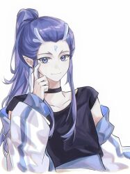 1boy absurdres alternate_costume ao_bing_(nezha_zhi_motong_jiangshi) black_shirt blue_eyes blue_hair choker eastern_dragon_horns facial_mark hair_bun highres jacket linlinzi195 long_hair long_sleeves looking_at_viewer male_focus nezha_zhi_motong_jiangshi off_shoulder pointy_ears ponytail purple_hair shirt simple_background smile solo upper_body white_background