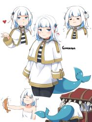 1girl :3 =_= absurdres blue_hair blunt_bangs capelet commentary cosplay cropped_legs cropped_torso dress ebi-chan_(gawr_gura) english_commentary fins fish_tail frieren frieren_(cosplay) gawr_gura gold_trim hair_ornament heart highres hololive hololive_english jitome long_sleeves looking_at_viewer meme mimic mimic_chest multicolored_hair multiple_views o3o shark_girl shark_hair_ornament shark_tail sharp_teeth skkazu1 sousou_no_frieren streaked_hair tail teeth two_side_up virtual_youtuber white_capelet white_dress white_hair you_can_just_give_this_kind_of_thing_to_men_and_they_will_be_thrilled_(meme)