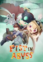 2girls :d baggy_pants black_hat brown_gloves brown_hair cape carrying cecilia_immergreen colored_inner_hair commentary cosplay deevious_deevi english_commentary english_text fake_horns gigi_murin gloves green_eyes green_hair grey_hair hard_hat hat headlamp helmet highres hololive hololive_english horned_helmet horns logo_parody looking_at_viewer made_in_abyss mechanical_arms mining_helmet multicolored_hair multiple_girls navel open_mouth outstretched_arms pants parody princess_carry red_cape reg_(made_in_abyss) reg_(made_in_abyss)_(cosplay) riko_(made_in_abyss) riko_(made_in_abyss)_(cosplay) sharp_teeth short_hair smile streaked_hair style_parody teeth tsukushi_akihito_(style) twintails virtual_youtuber whistle whistle_around_neck winding_key yellow_hat