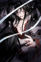 1boy 6+others biting black_hair black_hanfu bleeding blood blood_from_mouth blood_on_clothes blood_on_face blood_on_hands chinese_clothes coat collarbone crying crying_with_eyes_open grey_coat hair_between_eyes hair_down hanfu highres hug hug_from_behind injury long_hair male_focus modao_zushi multiple_boys multiple_others official_alternate_costume open_mouth purple_eyes ran_kisaragi ribbon tears wei_wuxian wei_wuxian_(yiling_laozu) white_ribbon yaoi zombie