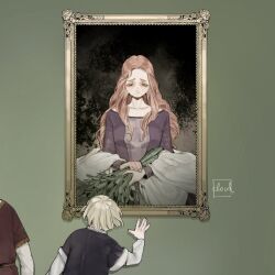 1boy 1girl aged_down artist_name black_vest blonde_hair brother_and_sister child commentary dress dungeon_meshi english_commentary facing_away falin_touden from_behind green_background green_eyes herb highres holding_hands laios_touden layered_sleeves long_hair long_sleeves mother_and_daughter mother_and_son mrs._touden out_of_frame painting_(object) parted_bangs picture_frame portrait_(object) purple_dress red_tunic shawl short_hair short_over_long_sleeves short_sleeves siblings simple_background smile squarecloud7310 symbolism tunic upper_body vest