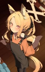 1girl :/ absurdres alternate_costume alternate_hairstyle animal animal_ear_fluff animal_ears animal_on_shoulder apron bird bird_on_shoulder black_pantyhose blonde_hair blue_archive blush bright_pupils closed_mouth commentary_request flower fox_ears fox_girl fox_tail green_apron hair_flower hair_ornament halo highres hijo_(nakare2845) long_hair long_sleeves looking_at_viewer multicolored_eyes orange_shirt pantyhose ponytail seia_(blue_archive) shirt standing sweat tail white_pupils yellow_halo