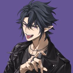 1boy alternate_costume aotu_world black_hair black_jacket black_shirt chain chain_necklace chinese_commentary collarbone dog_tags ear_piercing earrings hair_between_eyes hand_up highres holding holding_jewelry holding_necklace jacket jewelry leather leather_jacket long_sleeves looking_at_viewer male_focus mu20174305 multiple_rings necklace open_mouth piercing pointy_ears purple_background purple_eyes ray_(aotu_world) ring shirt short_hair simple_background smile solo teeth tongue tongue_out tongue_piercing upper_body