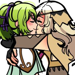 Rule 34 | 2girls, aegis asu, ahoge, armor, blonde hair, blush, bodysuit, cape, capelet, circlet, closed eyes, elbow gloves, fingerless gloves, fire emblem, fire emblem: the sacred stones, fire emblem fates, fire emblem heroes, gloves, green hair, hair tie, highres, kiss, l&#039;arachel (fire emblem), multiple girls, nintendo, ophelia (fire emblem), shoulder armor, simple background, twintails, yellow cape, yuri