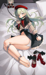 1girl absurdres arms_behind_back ascot ave_mujica_(bang_dream!) ball_gag bang_dream! bang_dream!_it&#039;s_mygo!!!!! bare_legs barefoot bdsm beret black_capelet bondage bound bound_toes capelet character_doll chuck_(harfmoondark) collar gag green_hair hat highres jewelry leash looking_at_viewer lying mary_janes mortis_(bang_dream!) mortis_(costume)_(bang_dream!) no_pants on_bed on_side panties puppet_strings red_hat red_shoes see-through_clothes see-through_sleeves shoes socks solo underwear unworn_shoes unworn_socks wakaba_mutsumi wakaba_mutsumi_(doll) yellow_eyes